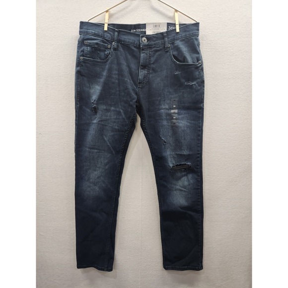 INC International Concepts Men's 34x31 Slim Straight Jeans Dark Distressed ~ NWT - Picture 1 of 13